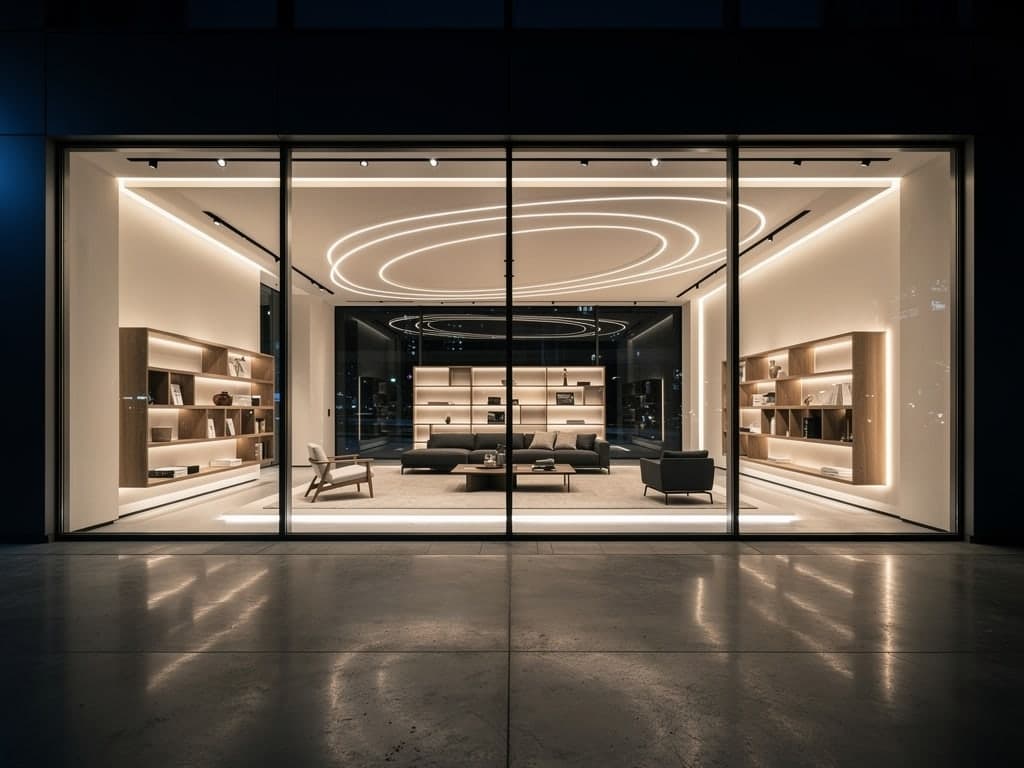 Furniture showroom, reconfigurable lighting route