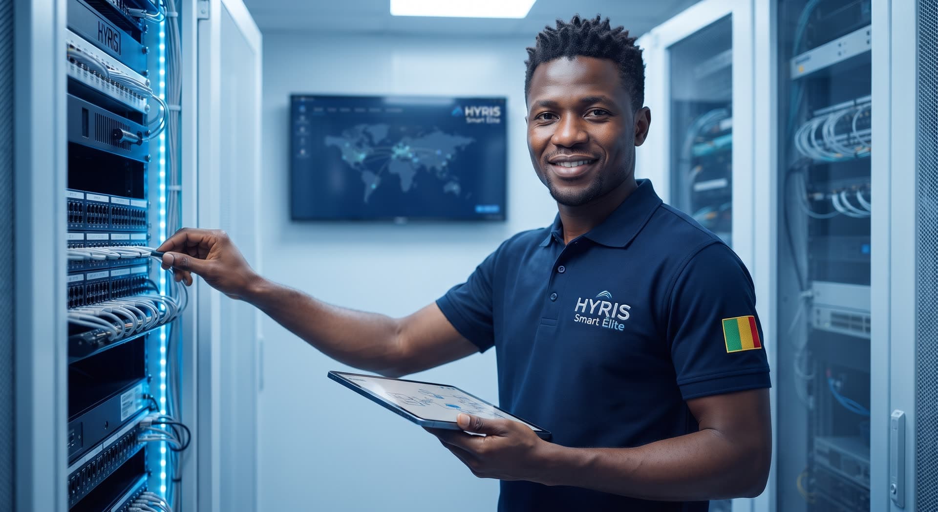 HYRIS Smart Élite technician working on a patch cabinet